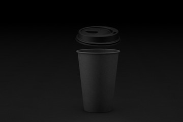 Black paper takeaway coffee cup on black background. 3D Illustration