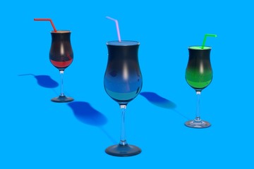 Three Colorful Coctails on blue Background. 3D Illustration