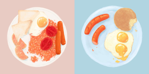 Breakfast UK and US style on circle white plate Illustration - wiith a little mess up for untidy feelings / digital watercolor, oil paint style