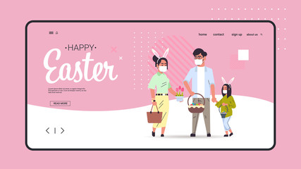 family holding baskets with eggs celebrating happy easter holiday wearing mask to prevent coronavirus horizontal full length copy space vector illustration