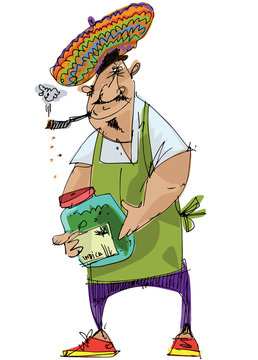 A cannabis vendor rasta man in yamayka style beret holds marijuana leaf and big bottle full of weeds. Caricature. Cartoon.