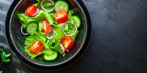  Healthy salad, leaves mix salad (mix micro greens, cucumber, tomato, onion, other ingredients). food background. copy space for text