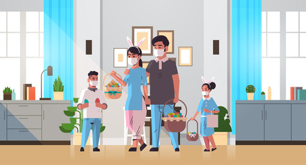 family holding baskets with eggs celebrating happy easter holiday parents and children wearing mask to prevent coronavirus modern living room interior horizontal full length vector illustration