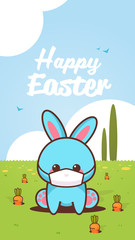 cute rabbit wearing face mask to prevent coronavirus happy easter bunny sitting in green grass sticker spring holiday concept vertical greeting card vector illustration