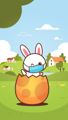 rabbit sitting in egg wearing face mask to prevent coronavirus happy easter bunny sticker spring holiday concept landscape background vertical greeting card vector illustration
