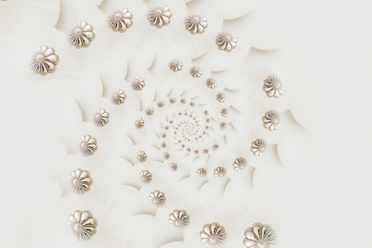 Silver flower knobs in spirals, digitally generated image