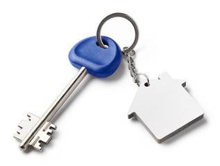Blank keychain and long key, isolated on white background