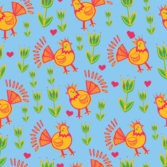 folklore chicken flower seamless repeat pattern