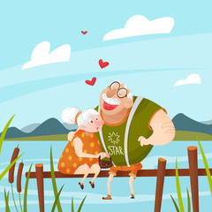 Fototapeta premium an elderly couple in love in nature by the river cute chat about love in the style of a cartoon. Young grandparents
