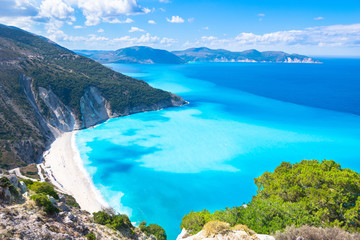 Beautiful landscape of Myrtos beach - Kefalonia, Ionian Islands - Greece - obrazy, fototapety, plakaty