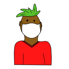 Ill african man in medical mask in red shirt isolated on white background. Simple vector illustration in cartoon doodle. Concept of coronavirus infection prevention, pandemic, isolation, quarantine.