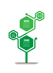 Vertical infographics or timeline with 2 options. Development and growth of the eco business or green technology. Time line is made of hexagons. Business concept with two steps.