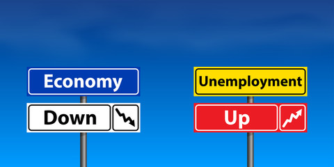 The world economy is in decline and unemployment is rising. Pointers against a background of blue sky and light clouds. Road sign with inscriptions.