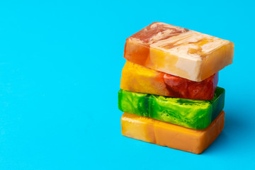 Soap for hand washing on a blue background. Close up