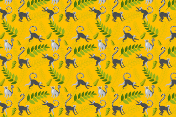 Animal bright background. Lemurs and leaves on an orange background.