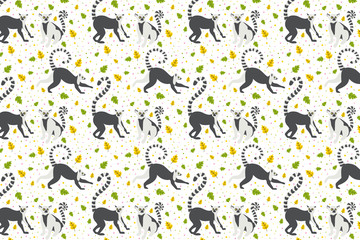 Animal bright background. Lemurs and leaves on a white background.