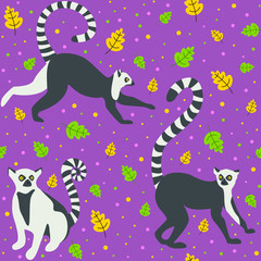 Animal seamless pattern. Lemurs and leaves on a violet background.