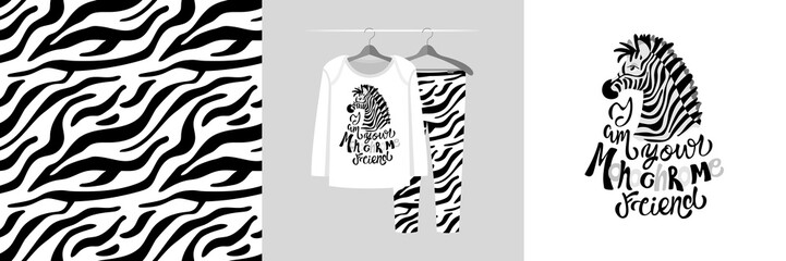 Seamless pattern and illustration with zebra, I am your monochrome friend text
