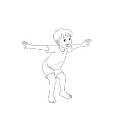 Kids Yoga - Joga für Kinder, Asana Biene, horizontal Banner Design Concept Cartoon. Junge barfuß in Yoga Haltung, macht fröhliches Gesicht. Yogi Logo auf Hintergrund in weiß.