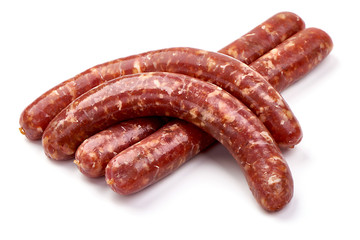 Fresh raw beef sausages, isolated on white background