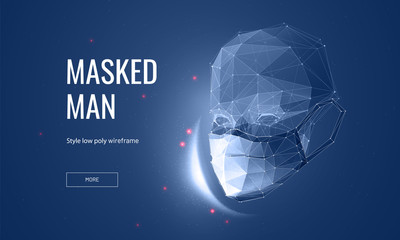 Human in medical protection mask. Low poly wireframe style. Respiratory disease prevention concept.. Polygonal abstract isolated on blue background. Vector illustration