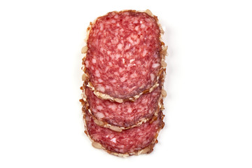 Italian salami sausage, isolated on white background