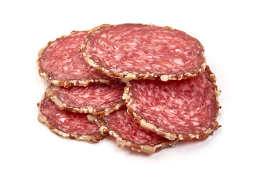 Smoked salami sausage, isolated on white background