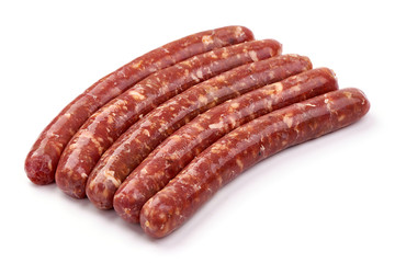 Fresh raw beef sausages, isolated on white background