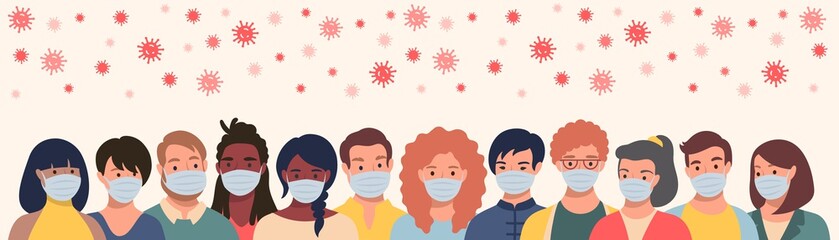 Group of people in protective masks and flying coronavirus in flat style. Men and women wearing medical masks to prevent disease, flu, quarantine concept.