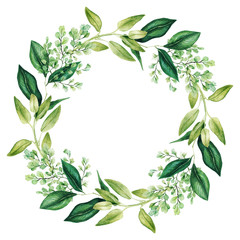 Green watercolor leaves and branches wreath, hand drawn