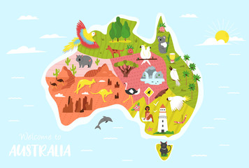 Illustrated map of Australia with animals, symbols © danceyourlife