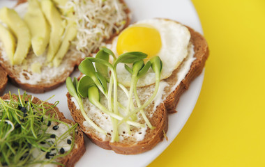  Sandwiches with healthy vegetables, tomatoes, eggs, micro greens on plate on colorful background. Healthy food concept.