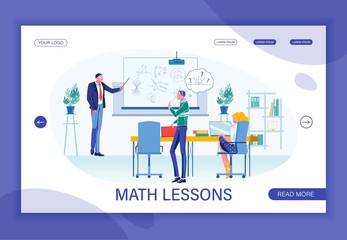 Fototapeta na wymiar Mathematics Lessons Flat Landing Page with Banner