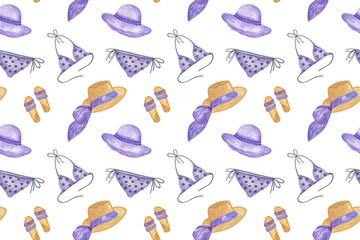 Repeat pattern of summer beach elements in violet colors hats, swim suit, flip flops, simple seamless ornament for making textile, fabrics, digital paper, image for summer vacation and holiday design