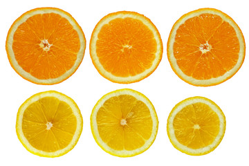 Orange and lemon slices on white background