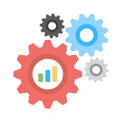 Process analytics icon. System development infograhics sign. Cogs with charts and graphs illustration. Flat icon design.