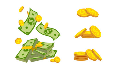 Pocket cash, money pile coin flat cartoon, small set. Gold coins heap, bank currency falling, fly. Hundreds dollars cash bundle, green raining bill. Packed banknotes. Isolated vector illustration