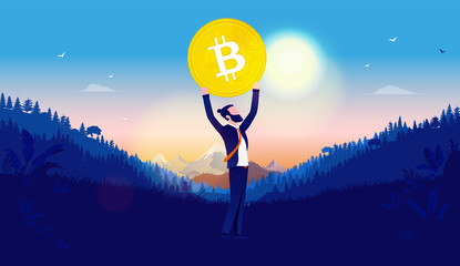 Bitcoin freedom - Hipster man with beard holding a big coin over his head in landscape. Forest mountains and blue sky in background. Crypto currency, growth, rise and winning concept. Vector. © Knut