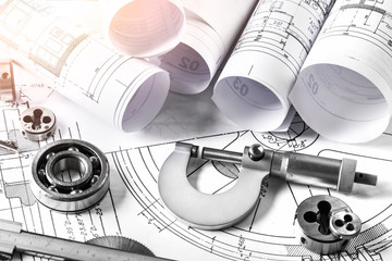 Technical drawings with measure tools. Pencil, measurement. Papers with technical drawings and...