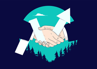 Handshake with graph - Two hands shaking over a deal and an upward pointing arrow shows growth. Teamwork, professional partners, business success and agreement concept. Vector illustration.