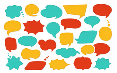 Speech bubble patch cartoon set. Colorful fashion patches scrapbook design elements. Speech and thought blobs with pattern, layered stitched. Comic 80s-90s style. Vector illustration