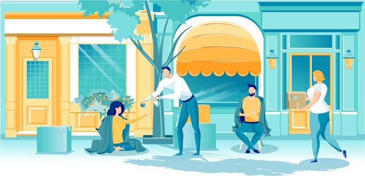Cartoon Man Give Food to Homeless Woman on Street