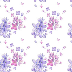 Obraz na płótnie Canvas Spring lilac flowers blossom watercolor seamless pattern. Beautiful, artistic floral background for wallpaper, gift wrapping paper, textile design. 