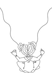 Girl with ponytails sits with her back in lotus position and meditates. Black-white simple concept with place for text. Kids Yoga  banner or card . Outline vector