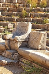 old ruins of the ancient temple of Athena in Priene in Turkey on a hot summer day