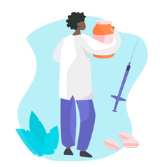 Male Doctor Holding Vial. Afro American Male Nurse Wearing White Robe with Syringe in the Hospital. Healthcare, Medical Aid. Cartoon Flat Vector Illustration