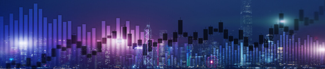 Plakat Website header and banner of Hong Kong cityscape with skyscarapers. Trading and stock markets.