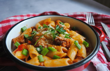 Delicious Penne Pasta with Sausages, Tomato Sauce and Onions, sprinkled with Parmesan. Close up view.