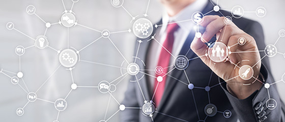 Business process structure industrial workflow diagram automation innovation concept on virtual screen mixed media.