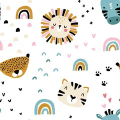 Deurstickers Scandinavische stijl Regenboog Afrika. Naadloze patroon met schattige dieren gezichten. Kinderachtige print voor de kinderkamer in een Scandinavische stijl. Voor babykleding, interieur, verpakking. Vectorbeeldverhaalillustratie in pastelkleuren.